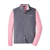 Full product image of the vest in grey color.  Full zip with 2 pockets.  White Boeing logo on left chest.  Pink long sleeve polo is featured inside the vest for styling. 