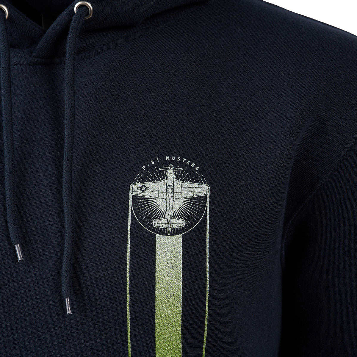 Close-up of The Boeing Stores Boeing P-51 Mustang Heritage Unisex Hoodie, featuring a graphic design with a vintage Mustang and green stylized lines. Made from recycled polyester, this black sustainable hoodie has metal-tipped drawstrings for added detail.