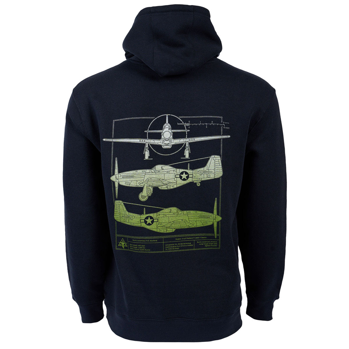 The back of The Boeing Stores Boeing P-51 Mustang Heritage Unisex Hoodie, made from recycled polyester, features front, side, and top views of the plane in light green and white outlines with star insignias—an eco-friendly choice.