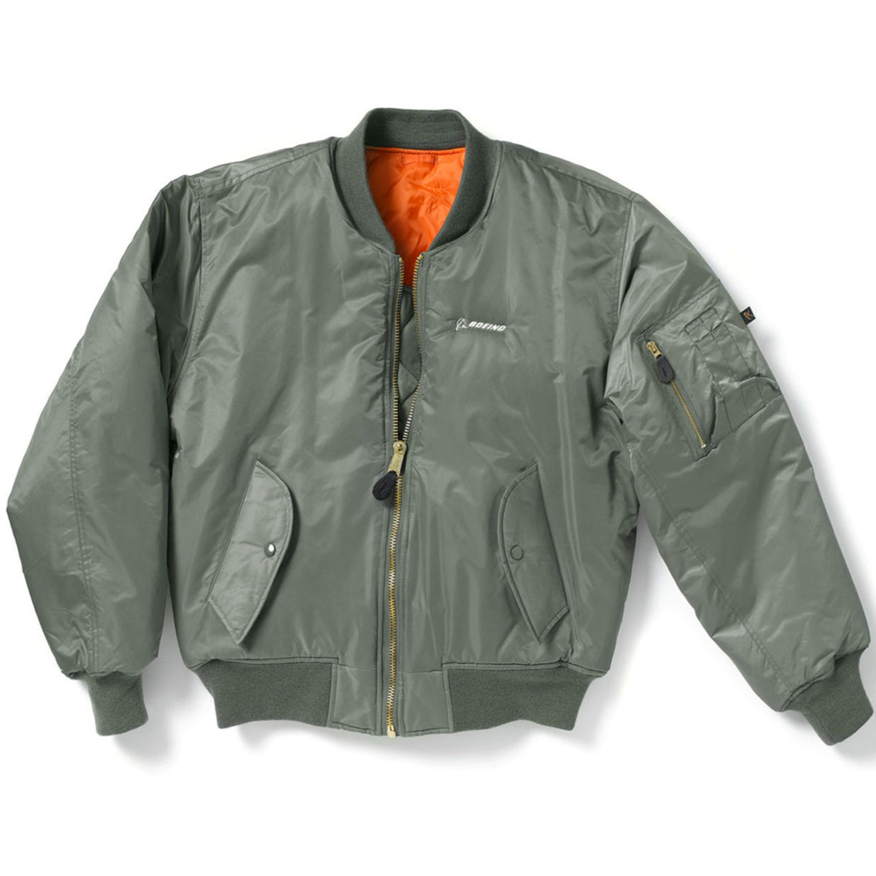 Green Boeing Nylon Flight Jacket with white Boeing logo on left chest. Gold metal zipper.  2 front side pockets.  1 arm pocket.  Orange interior