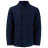 The Boeing Mens Tech Modern Chore Jacket from The Boeing Store is a navy blue, long-sleeve button-up with a collar and multiple front pockets, offering both durability and versatility. Displayed on a plain white background.