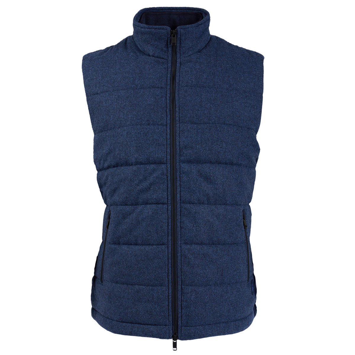 The Boeing Stores Mens Wool Blend Quilted Vest is sleeveless, dark blue, with a high collar, front zipper, polyester padding, two side pockets, and a fitted design—perfect for winter fashion warmth. Shown against a white background.