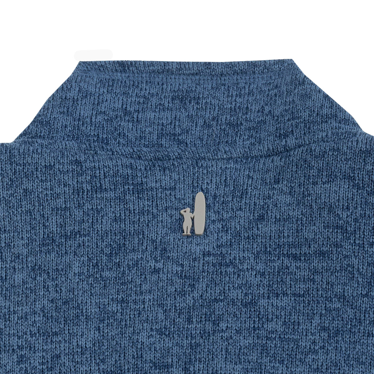 The Boeing Stores johnnie-O Mens Wes Fleece Vest, featuring a blue knitted fabric with a metal surfer and surfboard emblem at the top center, is now on clearance. Note: no returns.