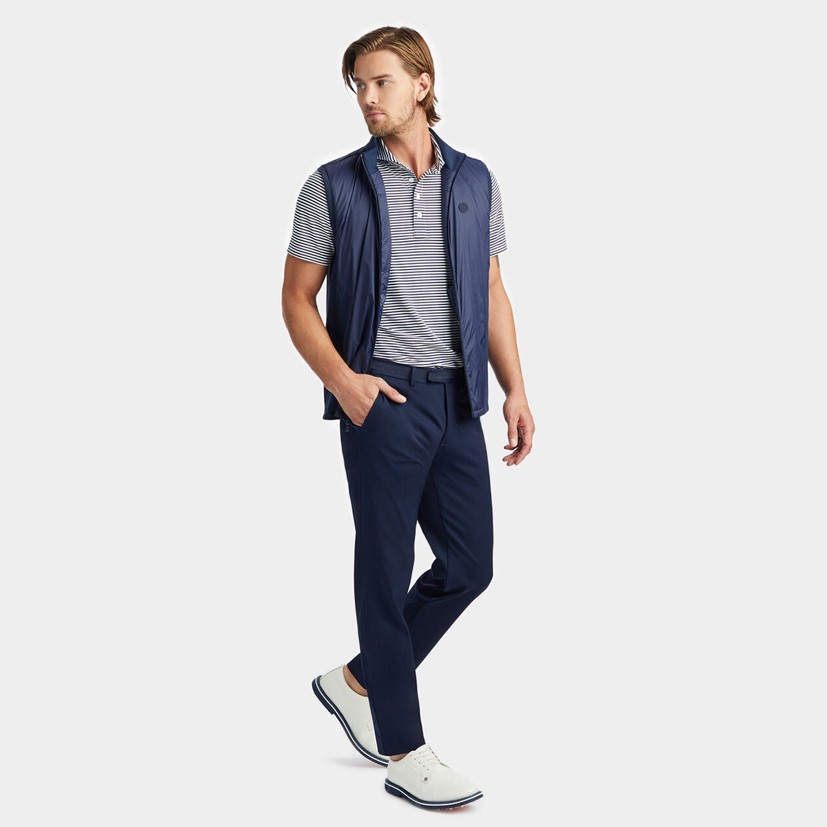 Full body product lifestyle image on a male model. 