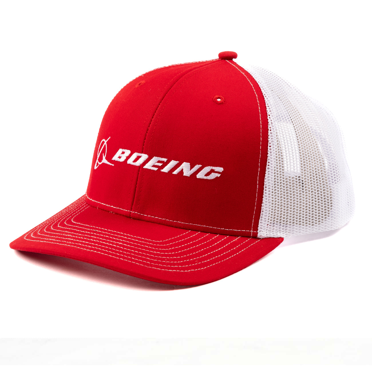 The Richardson Boeing Signature Logo Trucker Hat by The Boeing Store is a stylish cap with a solid red front and brim, featuring the Boeing logo in white. It has breathable white mesh at the back and an adjustable snapback closure for a perfect fit.