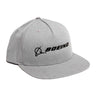 The Richardson Boeing Signature Logo Flat Bill Hat from The Boeing Store features a sleek gray design with a bold black stitched Boeing logo on the front and a modern snapback closure for comfort.