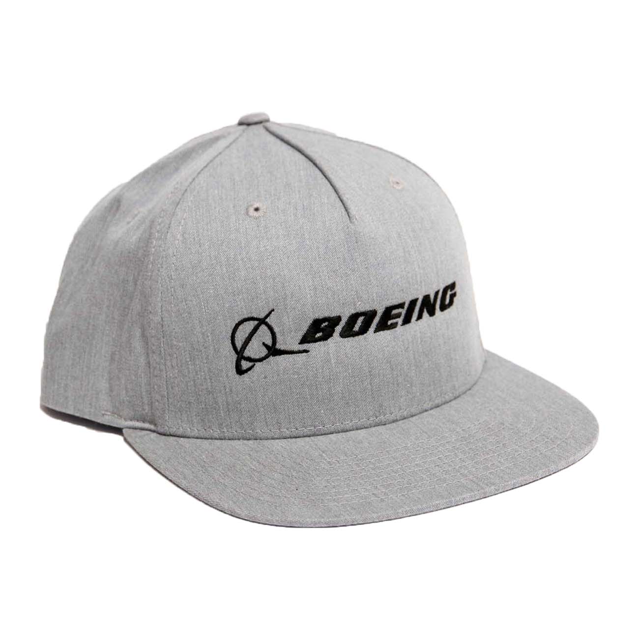 The Richardson Boeing Signature Logo Flat Bill Hat from The Boeing Store features a sleek gray design with a bold black stitched Boeing logo on the front and a modern snapback closure for comfort.