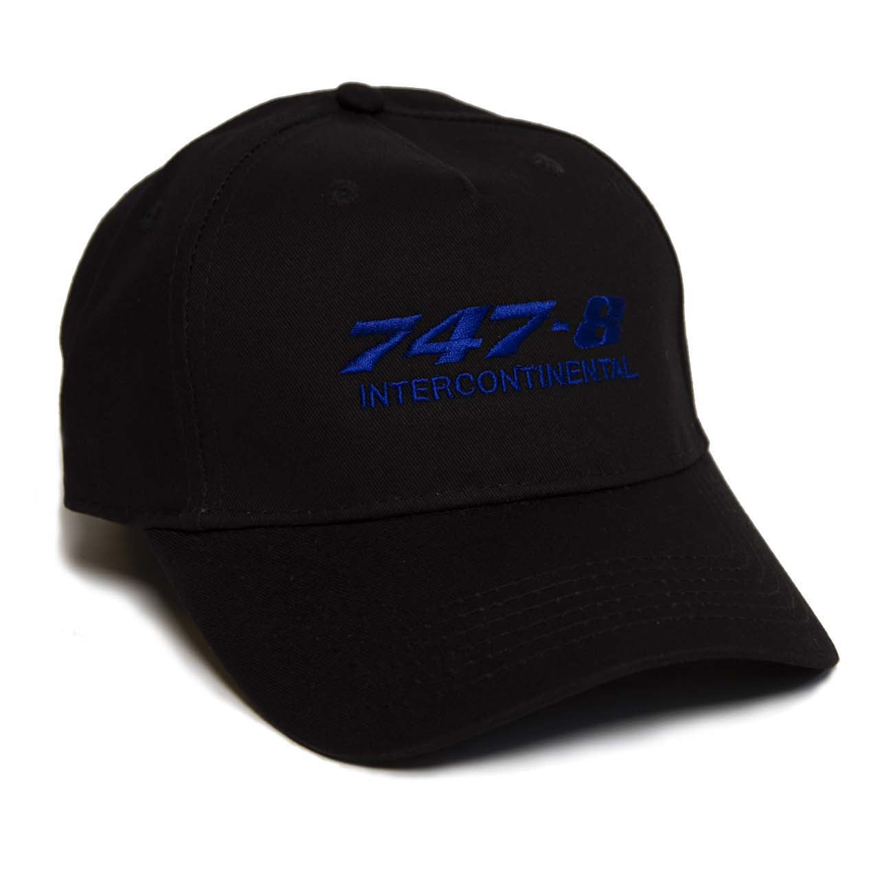 A black 100% cotton Boeing 747 Hat by The Boeing Store, embroidered with 747-8 Intercontinental in blue on the front, features a Velcro closure and is angled slightly left on a plain white background.