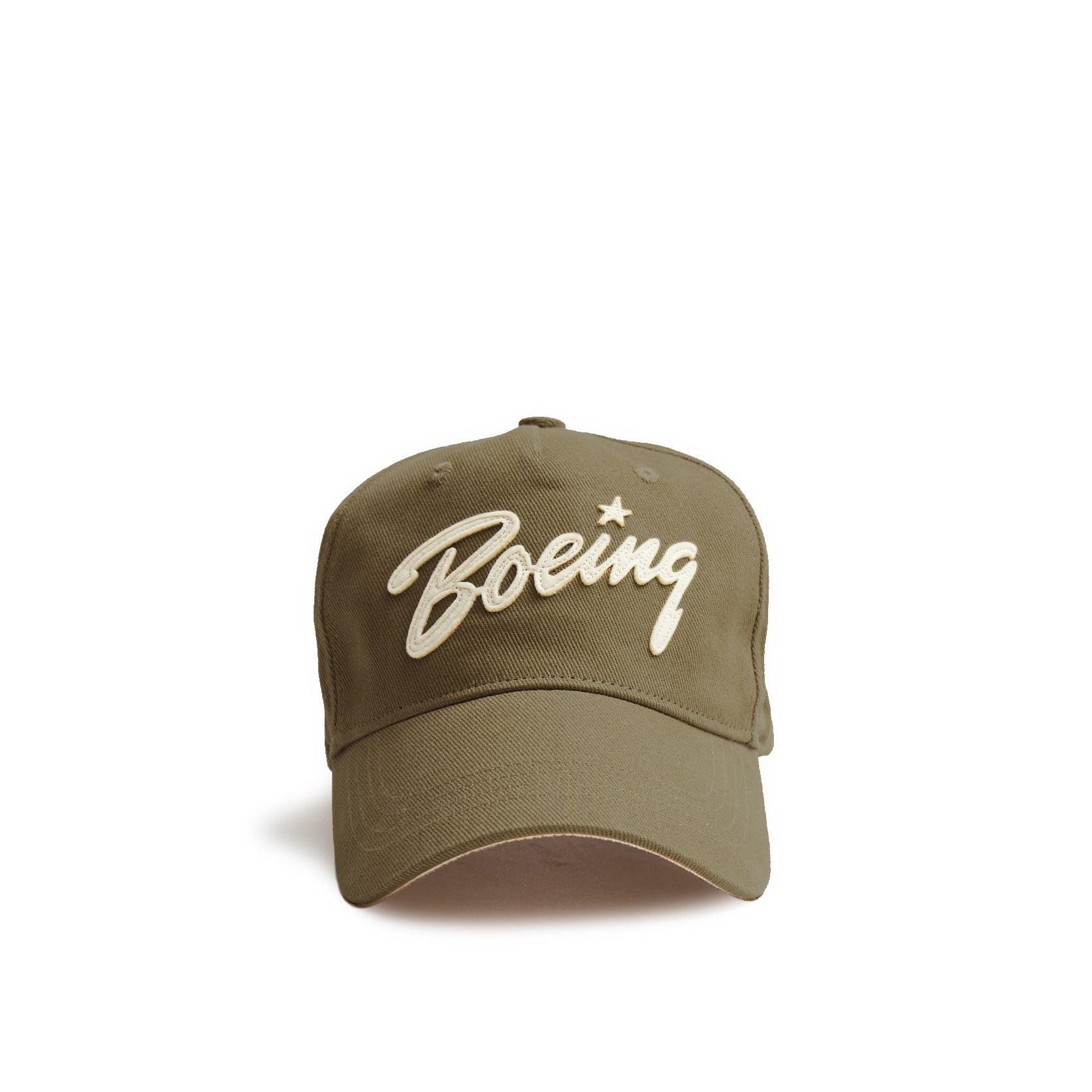 The Boeing Store’s Red Canoe Boeing B-17 Script Hat is an olive green cotton twill cap with “Boeing” and a small white star embroidered on the front, shown against a plain white background.