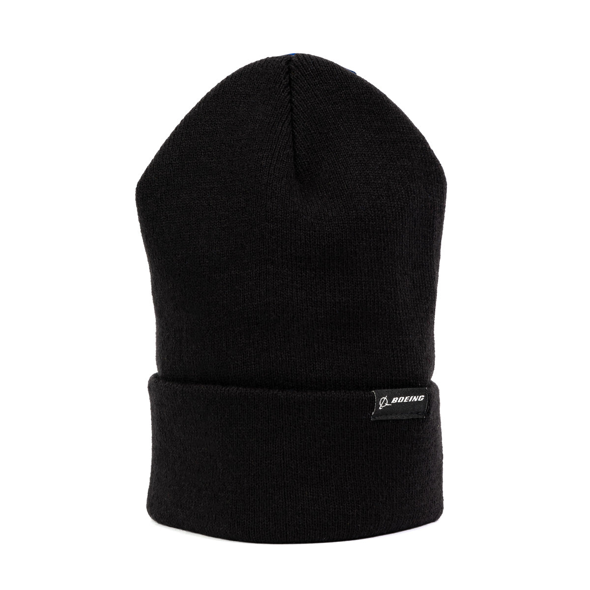 The Boeing Signature Logo Beanie from The Boeing Store is a plain black knit hat with a folded brim and a small Boeing logo tag on the front, displayed upright against a white background.