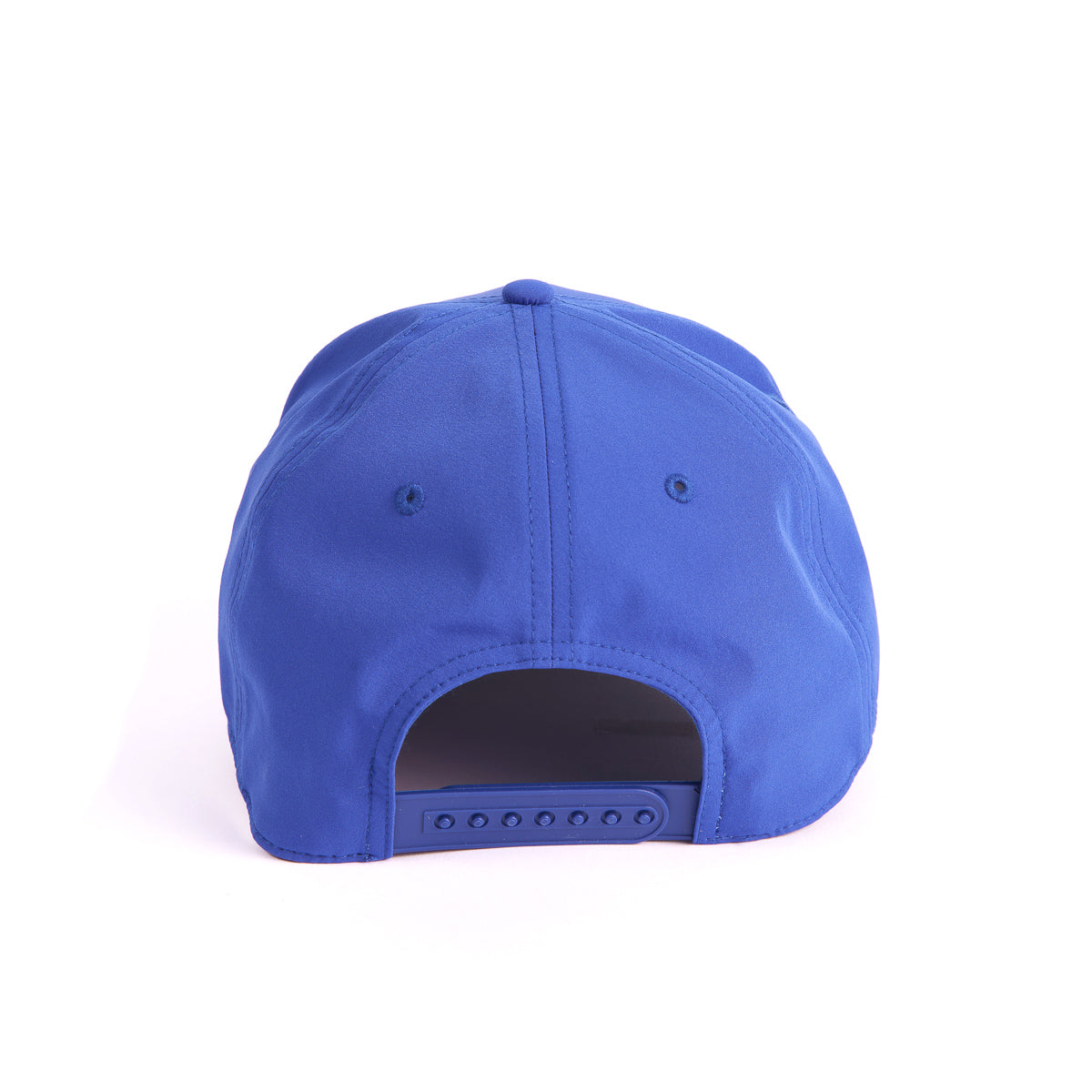 The Boeing Stores Boeing 5 Panel Nylon Hat is displayed from the back, featuring an adjustable snap back closure and small ventilation holes. Its bright blue color stands out against a plain white background, highlighting the stylish details of this versatile accessory.