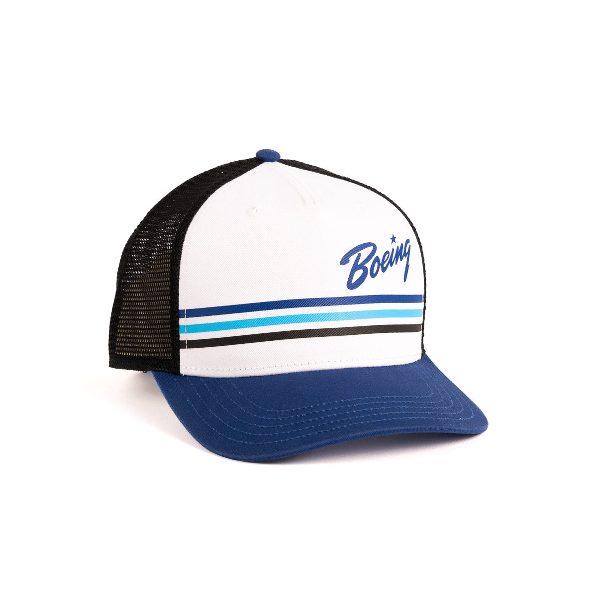The Boeing Washed Twill Trucker Hat from The Boeing Store features a black mesh back, blue brim, and white front. Its adorned with the Boeing script logo in blue and three sleek horizontal stripes in blue and grey.