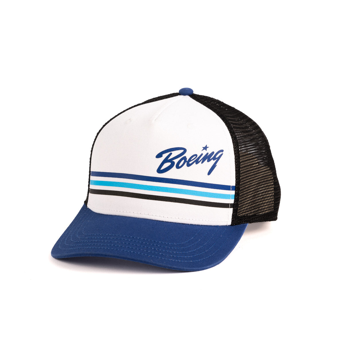The Boeing Stores Boeing Washed Twill Trucker Hat features a white and blue design with black mesh back, a front Boeing script logo in blue with a star above the i, two blue stripes, one turquoise stripe, and a solid blue bill for style.