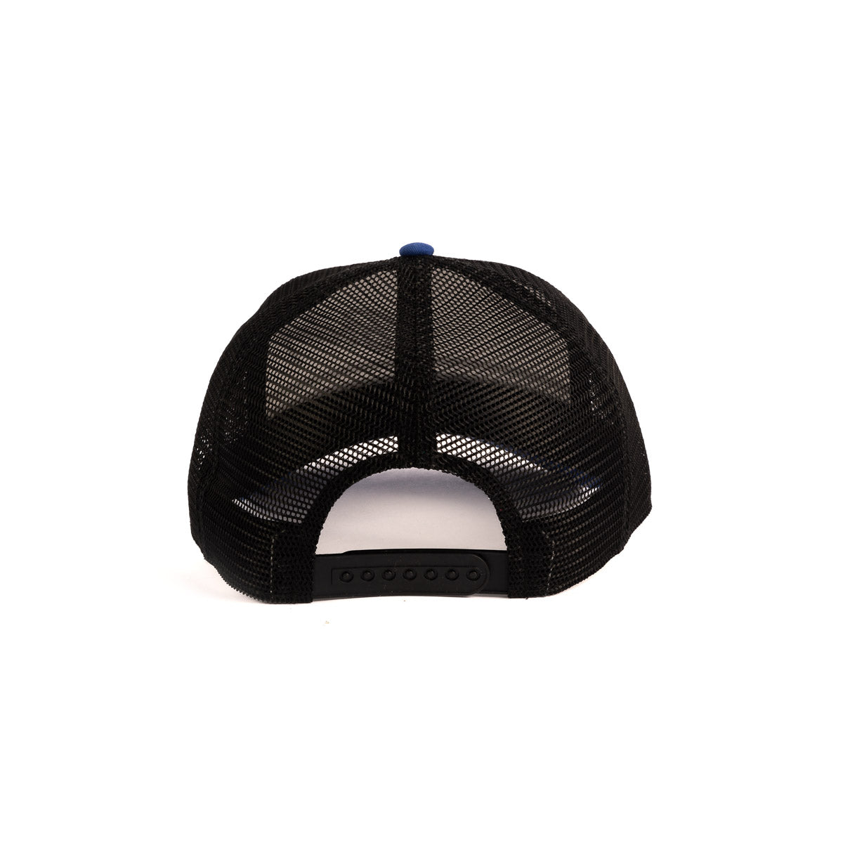 The Boeing Stores Boeing Washed Twill Trucker Hat is shown from the back, highlighting its black mesh panels, adjustable snapback closure, and a blue button on top. The cap is set against a white background.