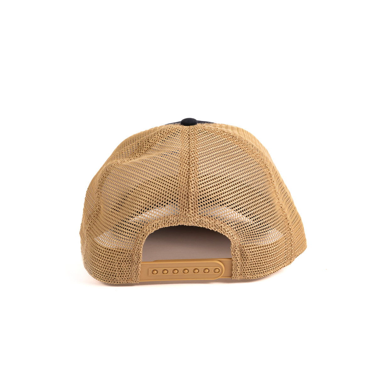 The Boeing Stores Boeing Airplane Logo Washed Twill Trucker Hat boasts a vintage beige mesh design, highlighted from the back with a black top button and an adjustable beige snapback closure.