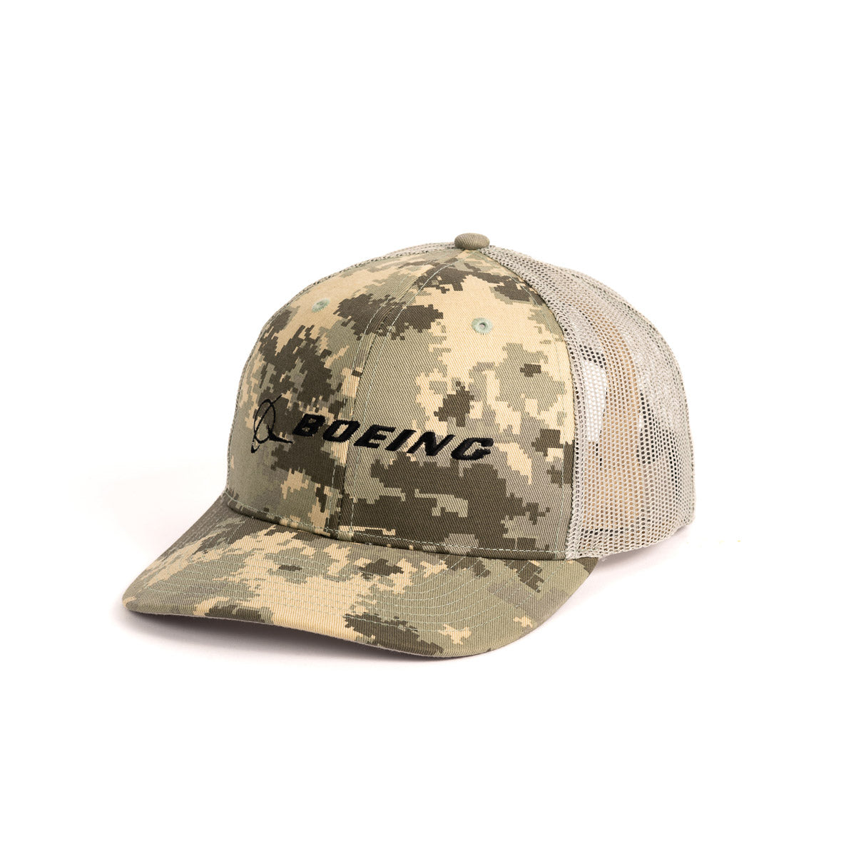 Boeing Signature Logo Digital Camo Trucker Hat by The Boeing Store features a digital camouflage print and mesh back, with BOEING embroidered on the front. This adjustable snapback cap blends green, brown, and beige for a military-inspired look.