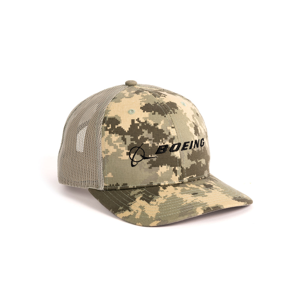 The Boeing Stores Signature Logo Digital Camo Trucker Hat has a digital camouflage print, classic mesh back, and an adjustable snapback for a perfect fit. The front displays the Boeing logo in sleek black lettering against green, brown, and tan tones.
