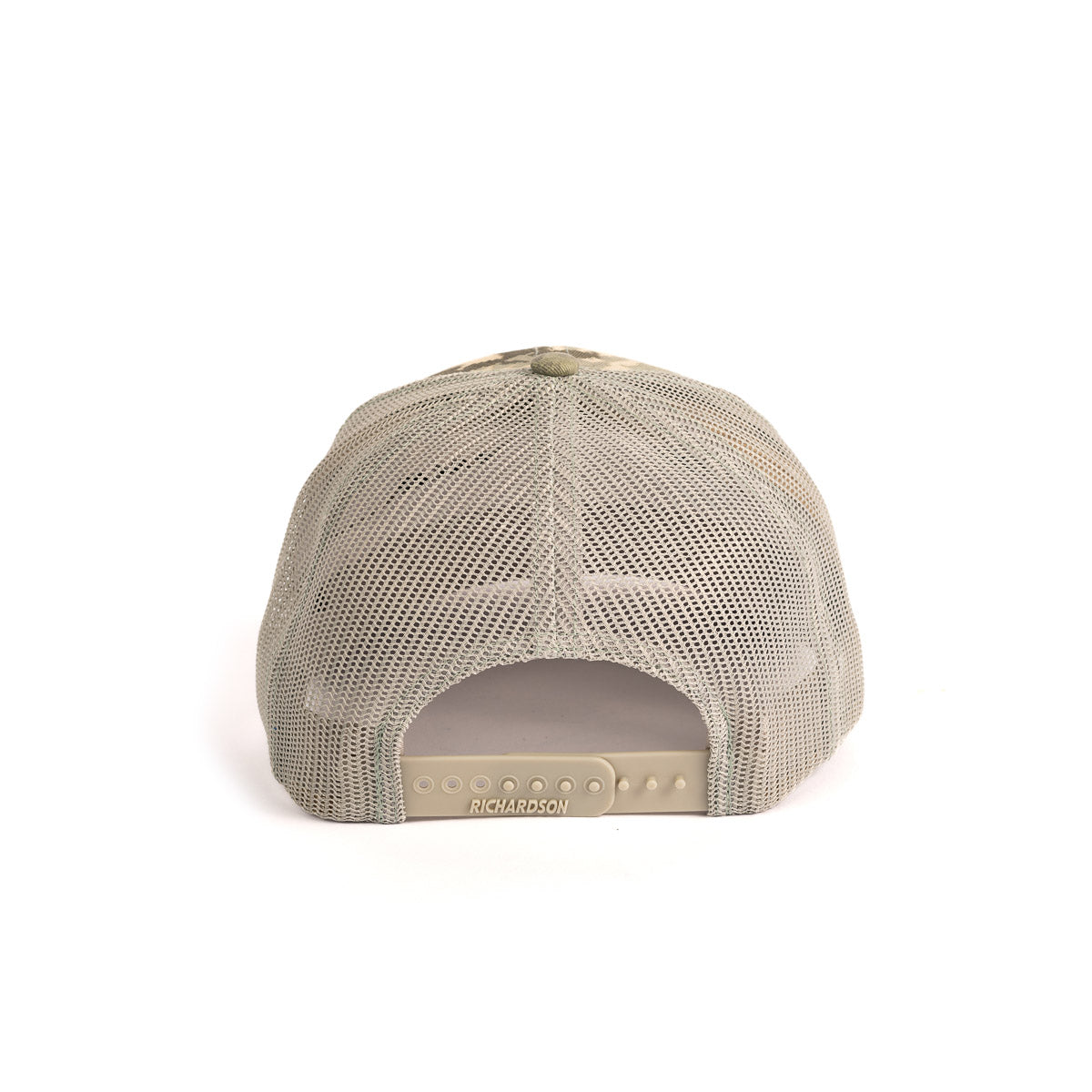 The Boeing Stores Signature Logo Digital Camo Trucker Hat features a light grey mesh design with an adjustable snapback closure, shown from the back.