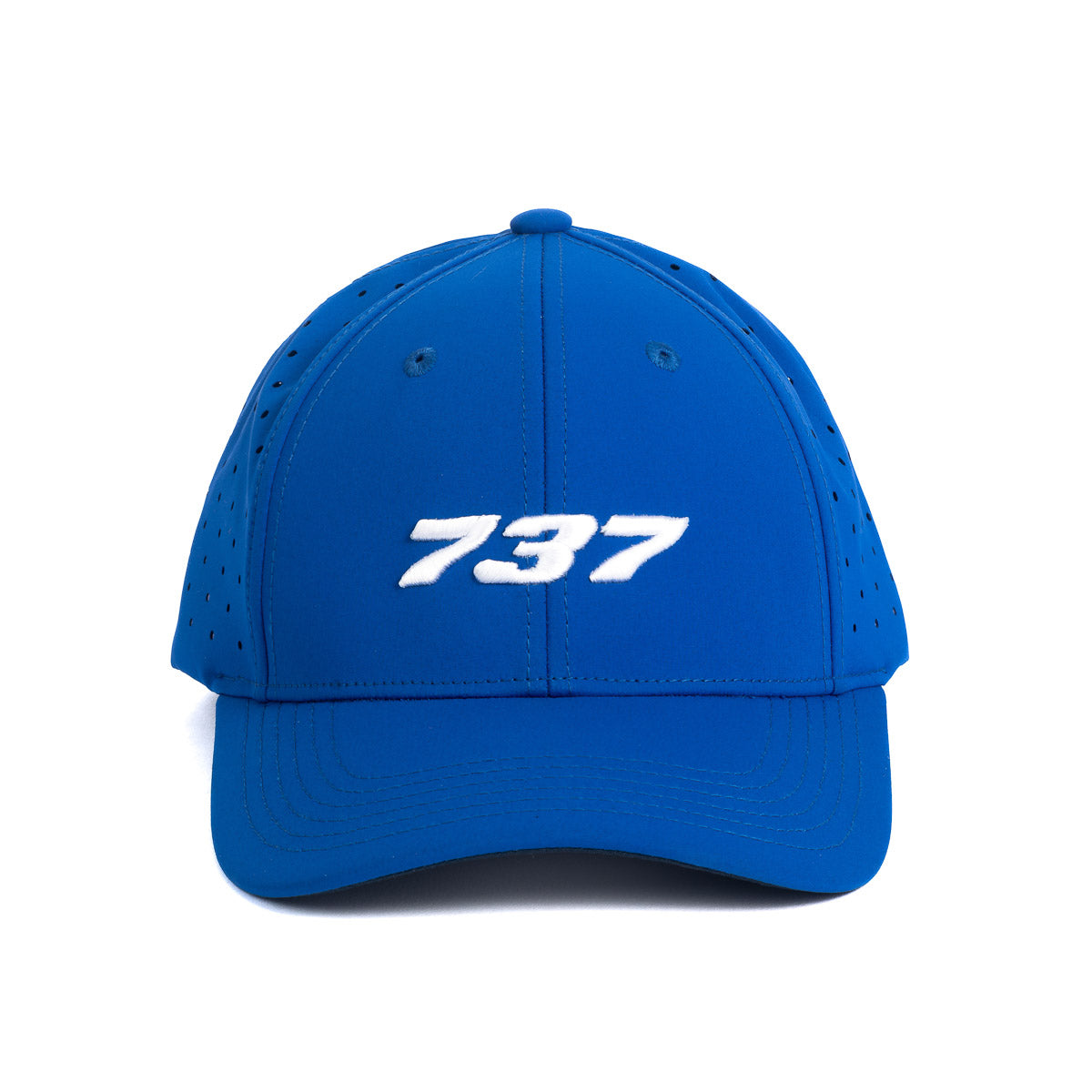 The Boeing Stores premium Boeing 737 Stratotype Hat is a blue baseball cap with side and top ventilation holes, perfect for aviation enthusiasts. The front showcases the number 737 in white embroidered text, reminiscent of the iconic Boeing 737.