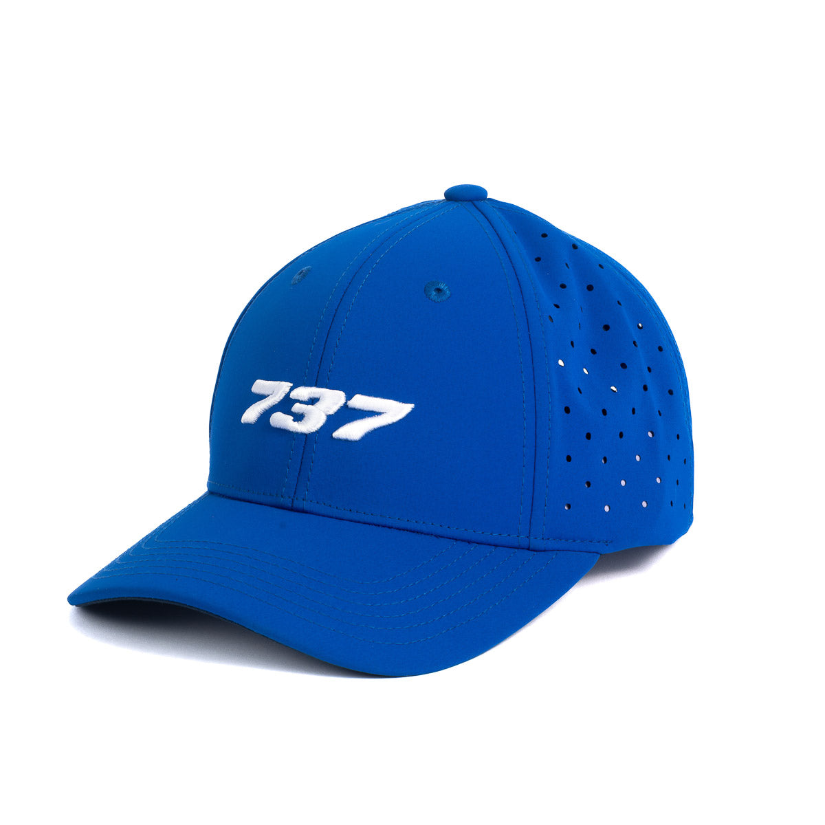 The Boeing Stores Boeing 737 Stratotype Hat is a premium blue baseball cap for aviation fans, featuring the number 737 in white embroidery and side panel ventilation holes for optimal breathability.