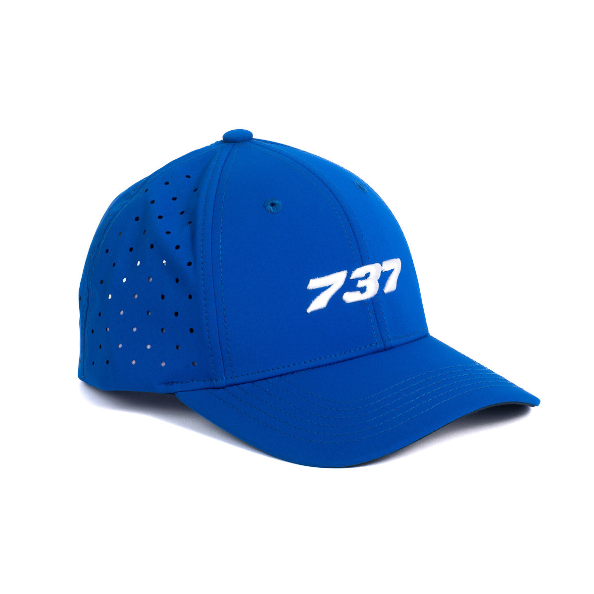 The Boeing Stores Boeing 737 Stratotype Hat is a blue cap featuring a white embroidered 737 on the front, ideal for aviation fans. It has side ventilation holes for comfort, making it a stylish way to show off your passion.