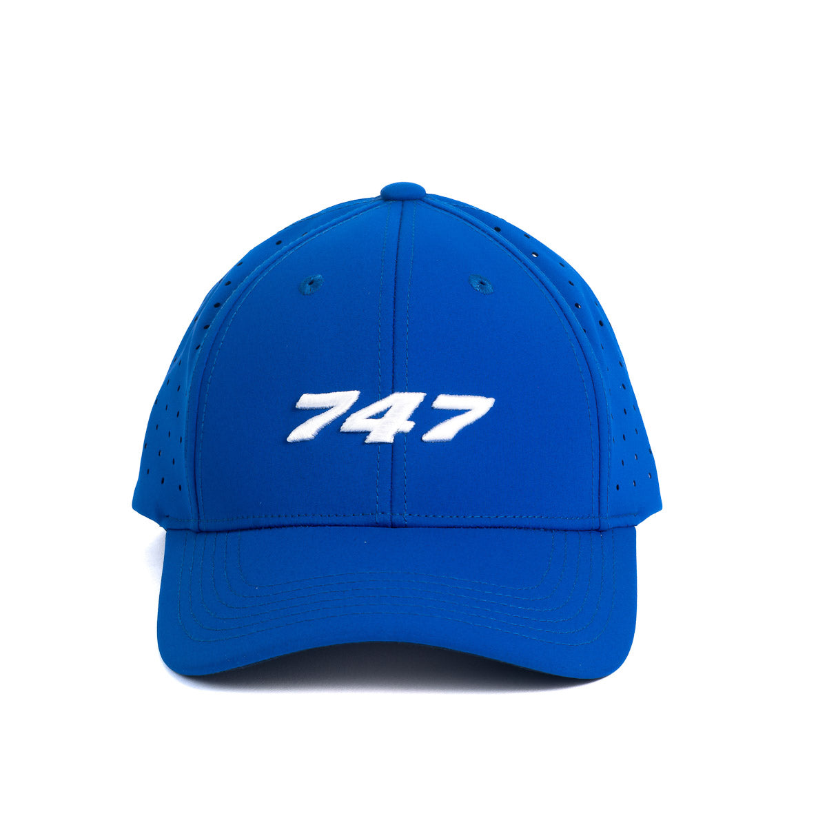 The Boeing Stores Boeing 747 Stratotype Hat is a premium blue baseball cap with the number 747 embroidered in white on the front. It features side ventilation holes for comfort and style, ideal for aviation enthusiasts.