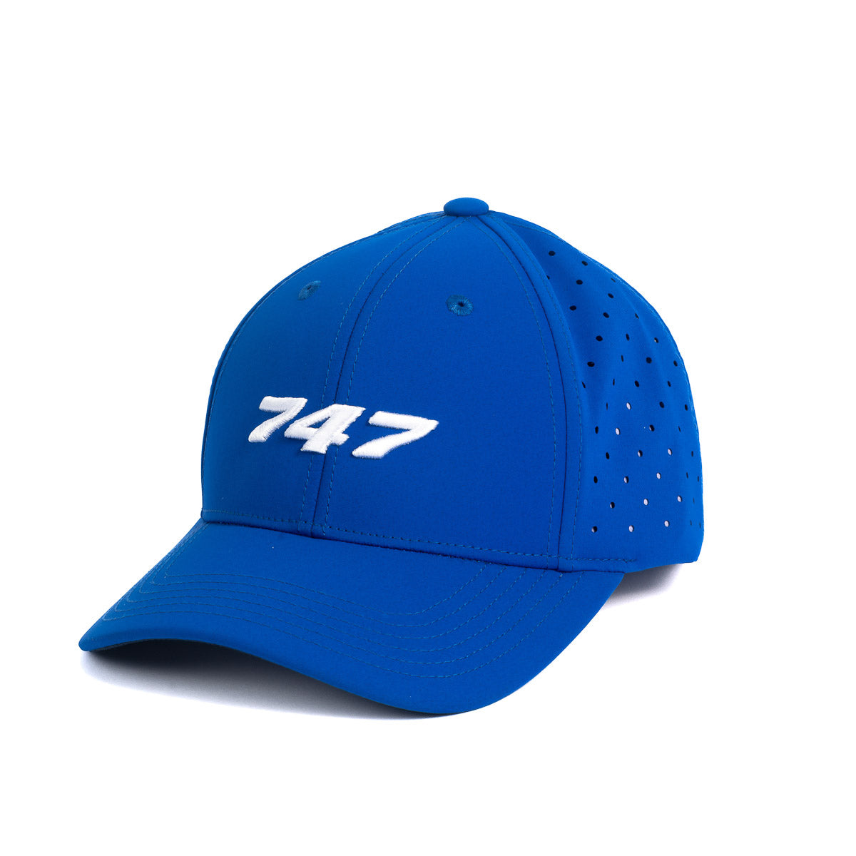 The Boeing Stores Boeing 747 Stratotype Hat is perfect for aviation lovers, featuring a white embroidered 747 on the front of its blue baseball cap. It includes ventilation holes on the side panels and a curved brim for added comfort and style.