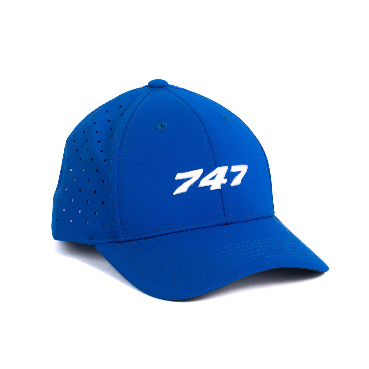 The Boeing Store presents the Boeing 747 Stratotype Hat: a premium blue baseball cap with the number 747 embroidered in white, featuring side perforations for ventilation, celebrating aviation enthusiasts in comfort and style.
