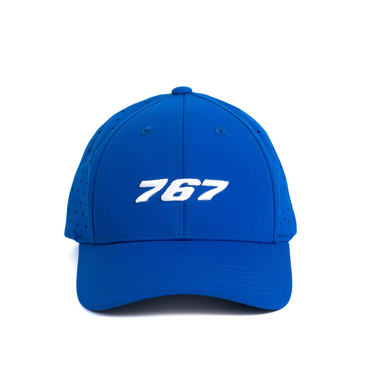 The Boeing Stores Boeing 767 Stratotype Hat is a premium blue baseball cap with white 767 embroidery on the front, celebrating the iconic aircraft, shown against a plain white background.
