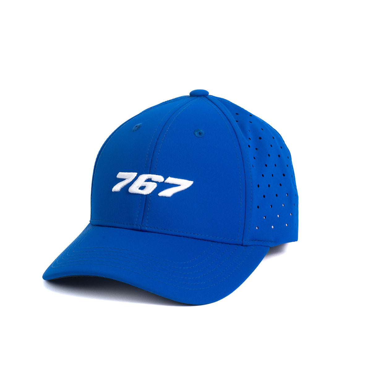 The Boeing Stores 767 Stratotype Hat is a bright blue premium cap with 767 in white embroidery on the front and side ventilation holes for added comfort—perfect for aviation enthusiasts.