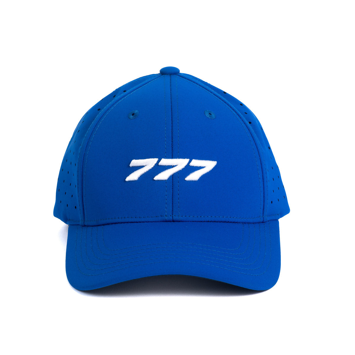 The Boeing Stores Boeing 777 Stratotype Hat is perfect for aviation enthusiasts with its blue design and white 777 embroidery on the front, featuring side ventilation holes, a top button, and a slightly curved brim.