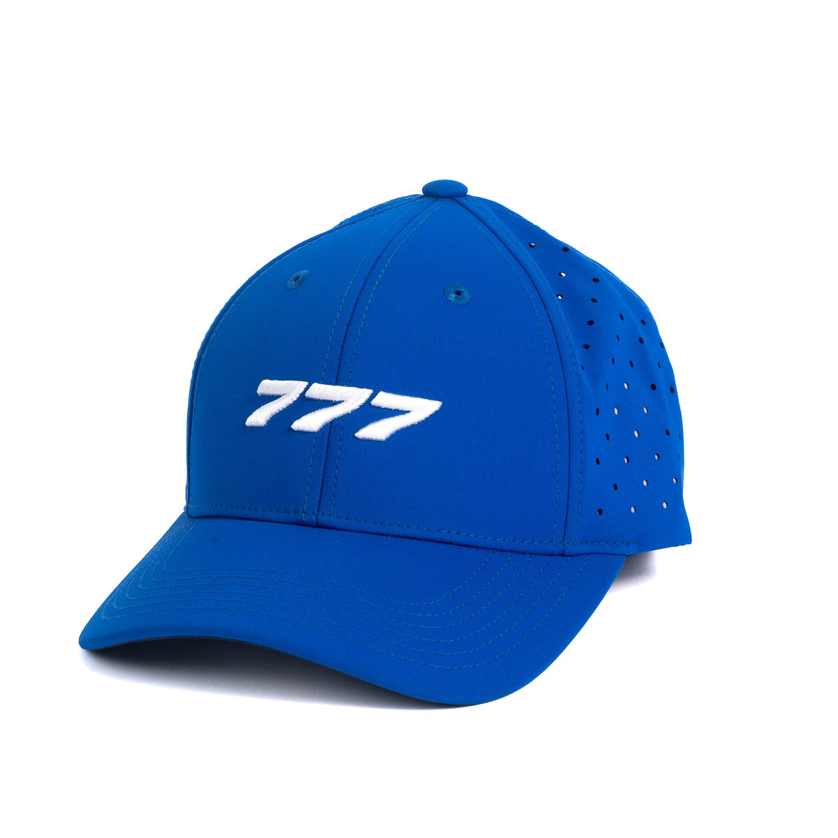 The Boeing Stores Boeing 777 Stratotype Hat is a blue cap with perforated sides and the number 777 embroidered in white on the front, ideal for any aviation enthusiast.