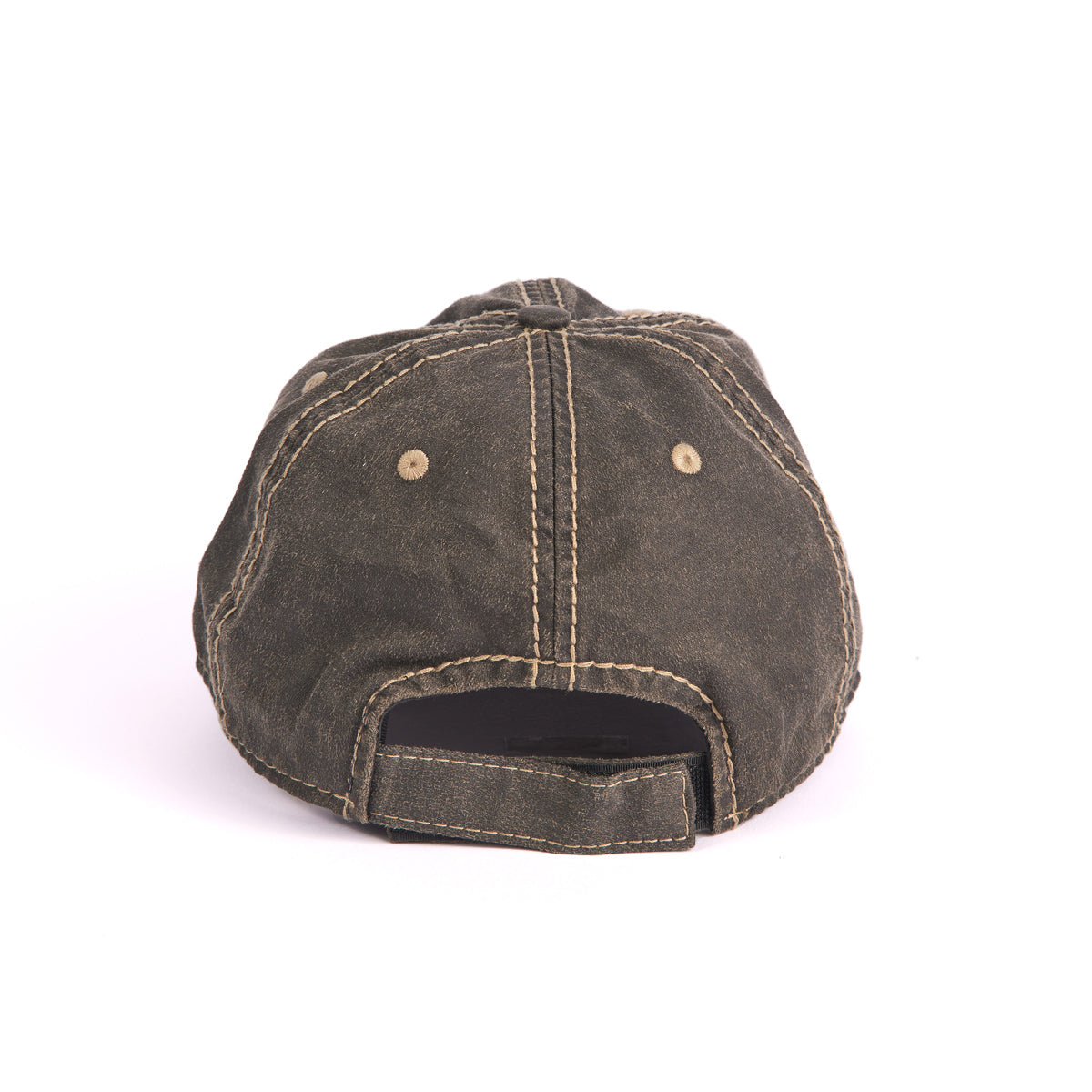 The Boeing Stores Boeing Airplane Co. Heritage Hat is a dark brown cap with frayed edges, light brown stitching, an adjustable velcro strap with a metal buckle, and an embroidered patch that enhances its rugged charm.