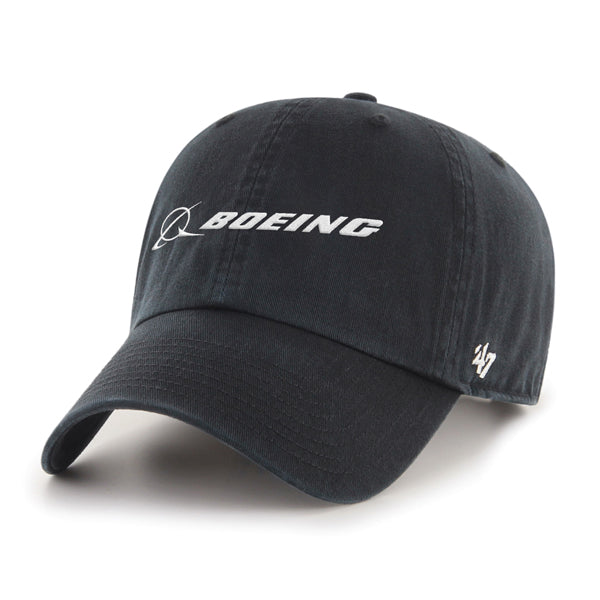 The 47 Boeing Signature Logo Clean Up Hat from The Boeing Store features the Boeing logo and text on black soft cotton twill, with the number 47 embroidered on the side.