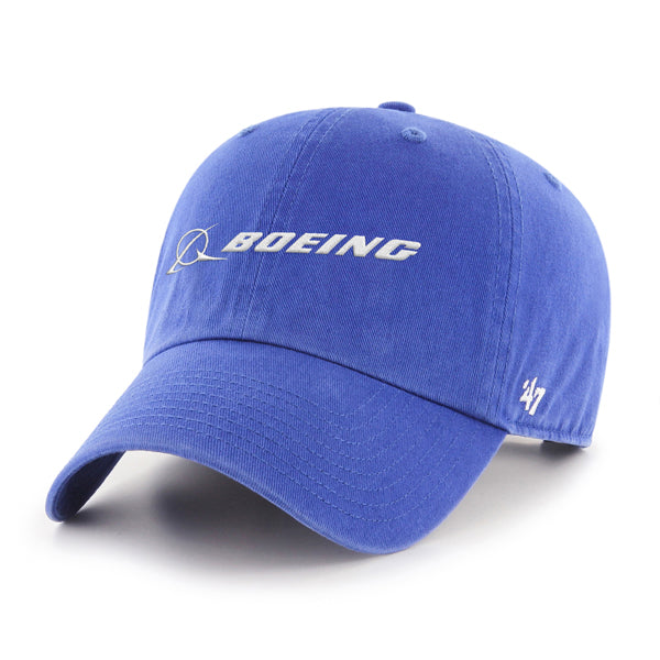 A blue 47 Boeing Signature Logo Clean Up Hat from The Boeing Store, made of Cotton Twill, features the white iconic logo on the front and 47 embroidered on the side of the brim.