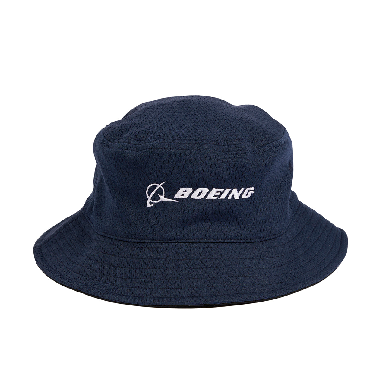 The Boeing Stores Boeing Signature Logo Performance Bucket Hat features a navy blue color with the Boeing logo and name embroidered in white on the front. It offers sun protection and moisture-wicking capabilities, thanks to its wide brim and textured fabric, ensuring ultimate comfort.