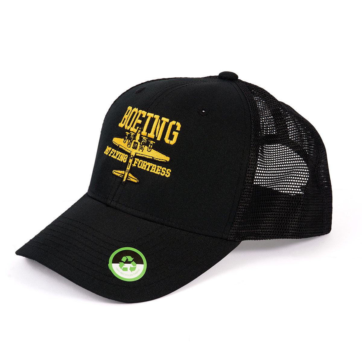 The Boeing Stores Boeing B-17 Flying Fortress Heritage Hat features a black mesh back, recycled polyester, yellow text and airplane graphic on the front, plus a green recycling symbol sticker on the bill.