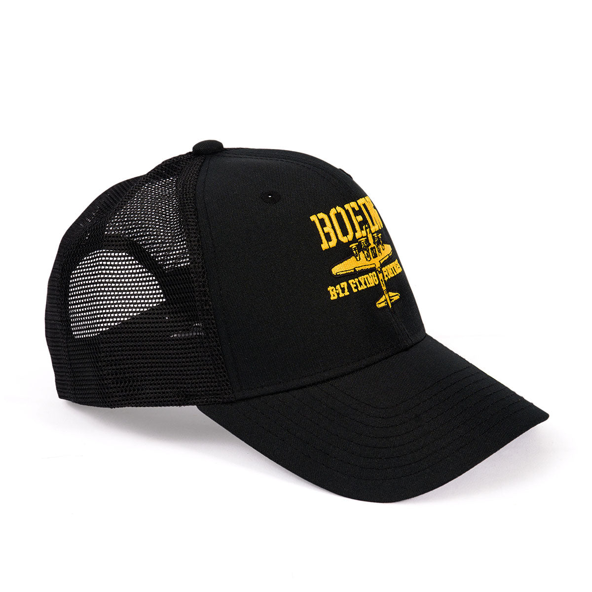 The Boeing Stores Boeing B-17 Flying Fortress Heritage Hat is a black mesh aviation cap with a curved brim, crafted from recycled polyester, featuring yellow BUFFALO 847 ENTERPRISES embroidery on the front.