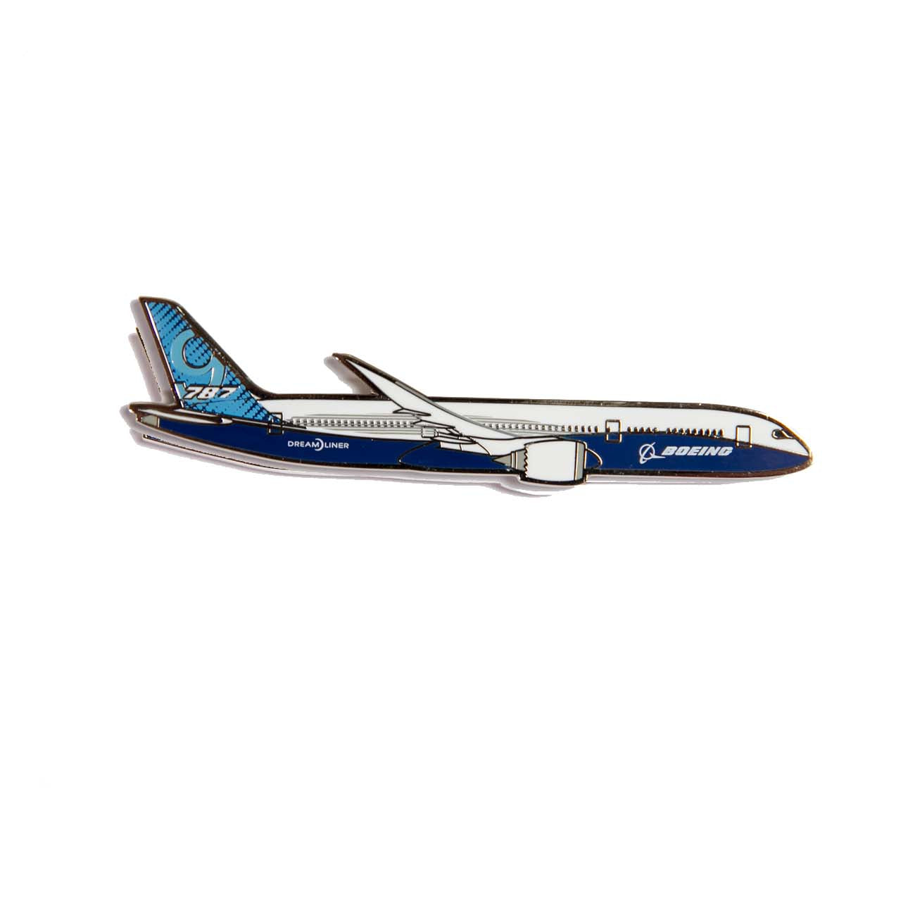 The Boeing Stores Boeing 787 Illustrated Magnet features a blue and white Dreamliner with logos on the side, finished in enamel color, shown from a side view against a white background.