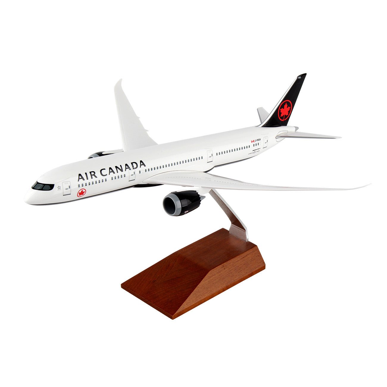 The Daron Air Canada Boeing 787-9 1:200 Model features Air Canada livery, a detailed logo, and comes mounted on a brown wooden stand—ideal for collectors and display.