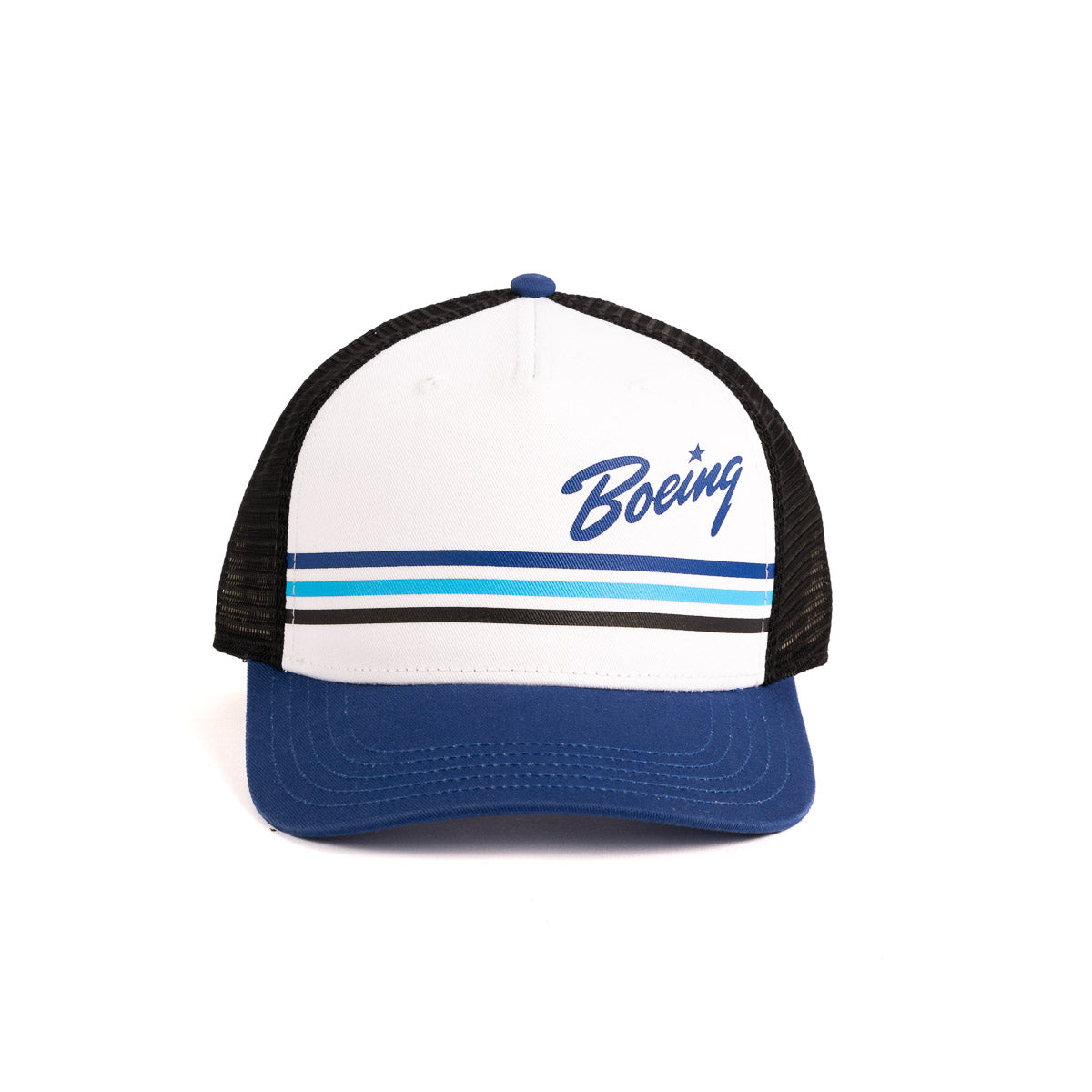 The Boeing Washed Twill Trucker Hat from The Boeing Store features a white front, black mesh back panels, a blue brim, and top button. The Boeing script logo is elegantly in blue above two blue stripes and one cyan stripe.