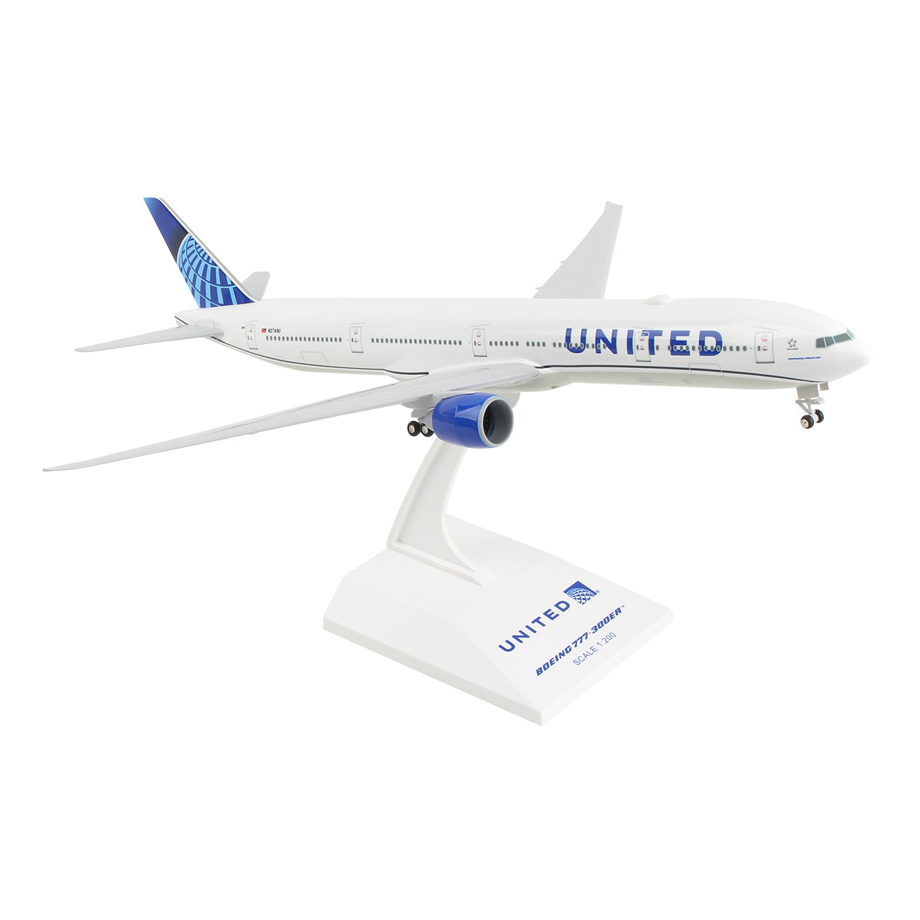 The Daron United Airlines Boeing 777-300 1:200 model features detailed graphics, the United logo, blue globe tail design, and sits on a white stand labeled with the airline and aircraft name.