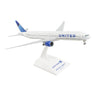 The Daron United Airlines Boeing 777-300 1:200 model features detailed graphics, the United logo, blue globe tail design, and sits on a white stand labeled with the airline and aircraft name.