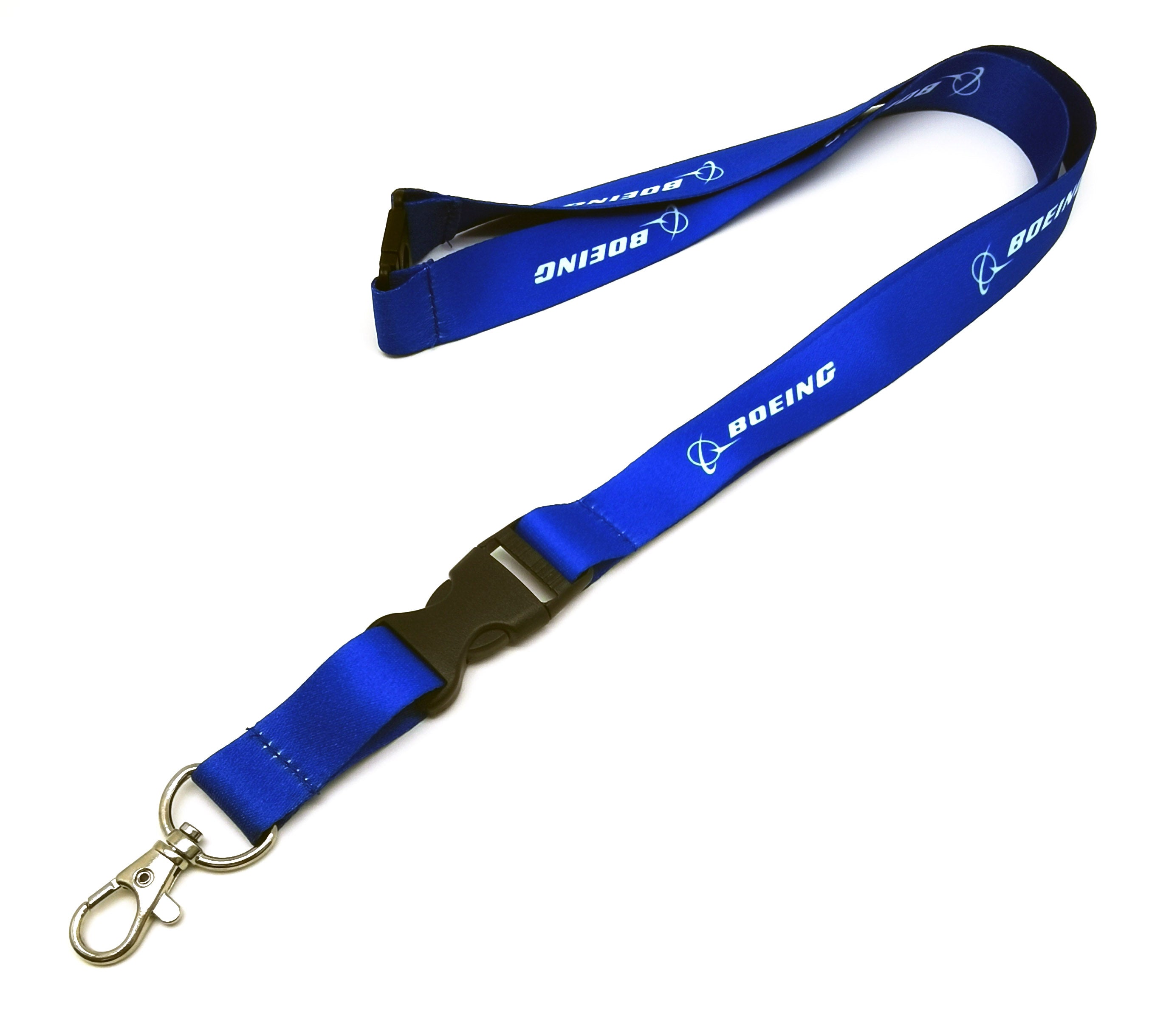 The Boeing Stores Boeing Blue Lanyard features a sublimation printed logo and repeated white logo, with a metal swivel hook and a safety breakaway buckle.
