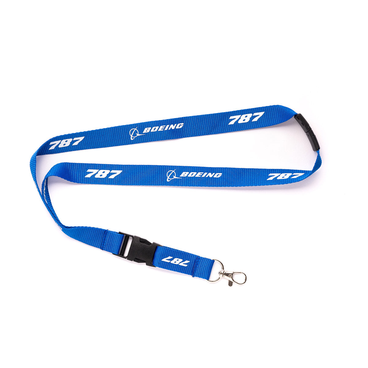 The Boeing 787 Dreamliner Stratotype Lanyard from The Boeing Store displays BOEING and 787 in white text on a blue lanyard, highlighting the Boeing logo. With a swivel clasp and detachable buckle, it’s perfect for aviation history buffs and as an office accessory.