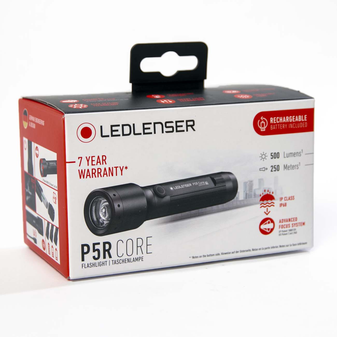 A box of the Boeing Ledlenser P5R Core Flashlight from The Boeing Store, showing the flashlight image, 7-year warranty, 500 lumens brightness, 250m range, rechargeable battery with magnetic charging, and key features on the front.