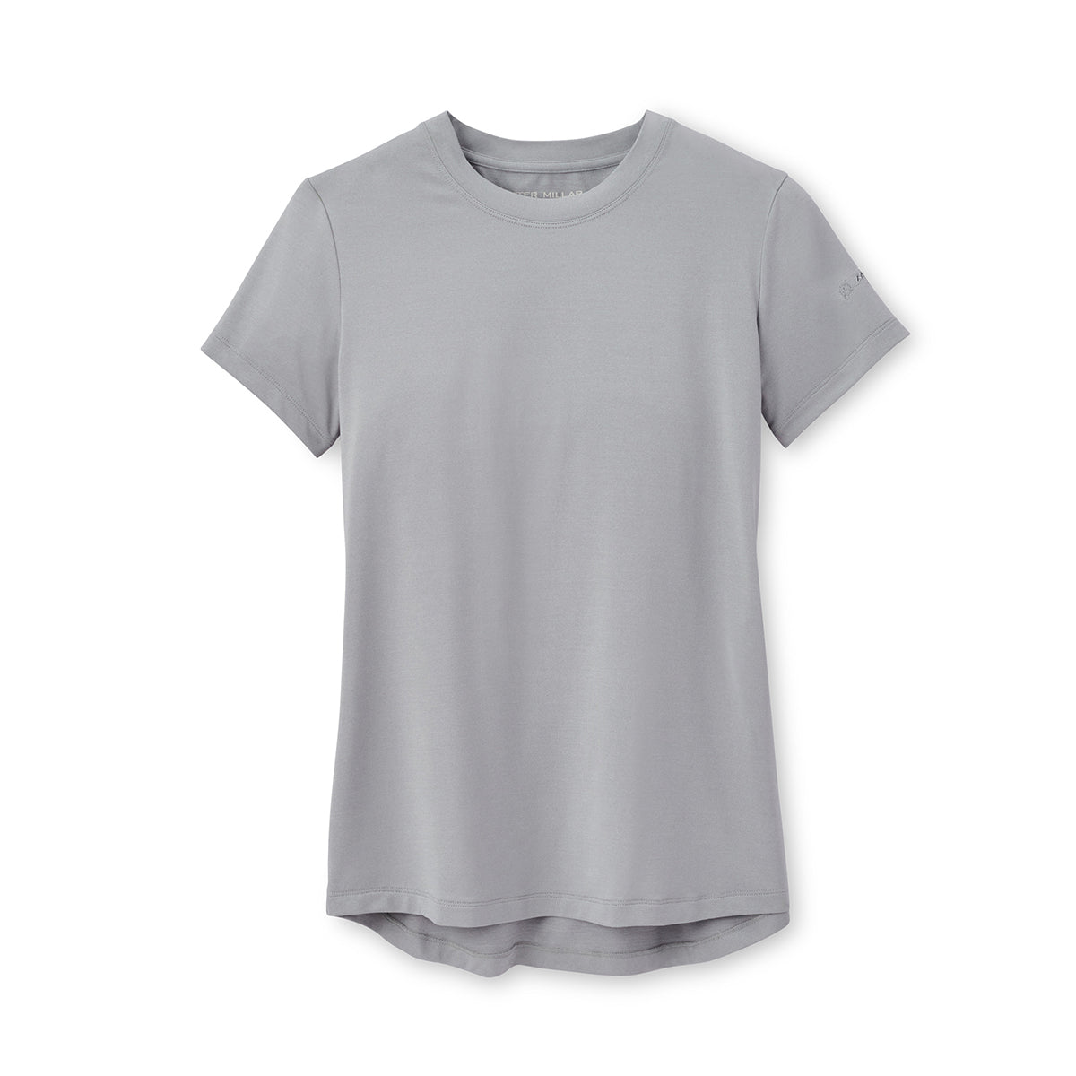 The Boeing Stores Peter Millar Women’s Lunar Short-Sleeve Performance Tee is a plain, short-sleeved gray shirt on a white background. It features a classic round neckline, slightly curved hem, antimicrobial fabric to keep you fresh, and UPF 50+ sun protection for sunny days.