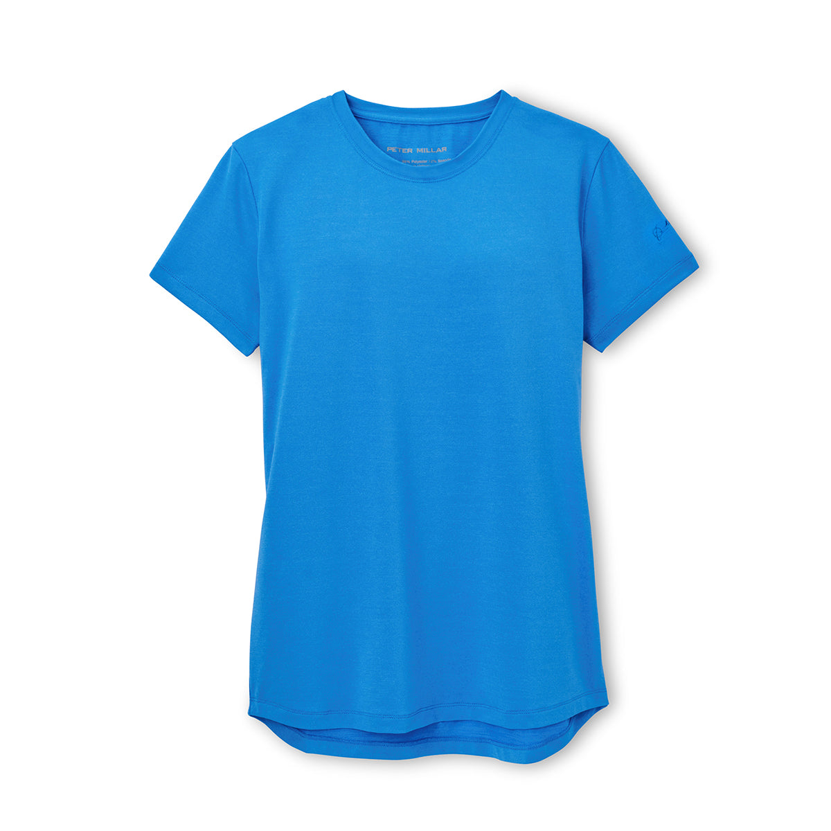 The Boeing Store presents the Peter Millar Boeing Women’s Lunar Short-Sleeve Performance Tee, featuring a simple blue design with a rounded neckline, slightly curved hem, and antimicrobial fabric, set against a white background.