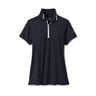 The Boeing Stores Peter Millar Chrissie Polo is a black womens short-sleeve performance top, sporting a folded collar, white zip neckline, and subtle white trim. Its slightly fitted fabric includes moisture-wicking properties for comfort and features an embroidered logo on the sleeve.
