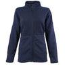 The Boeing Stores Boeing Signature Logo Womens Quilted Full-Zip is a navy blue, ladies cut jacket with long sleeves, a high collar, quilted geometric upper chest and shoulders, smooth lower fabric, and the Boeing logo. Shown on a white background.